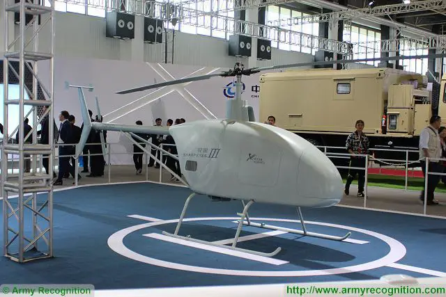 Sharp Eye III drone helicopter from Norinco, which looks like an aluminum model helicopter without windows, to the super-futuristic looking Blue Fox, an unmanned jet aimed at simulating a manned jet and flying into an enemy's area to detect air defense systems.
