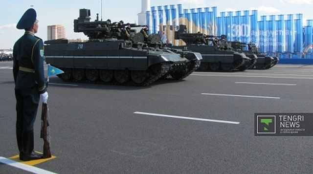 The Kazakh military will take delivery of 12 BTR-82 8x8 wheeled armored personnel carriers, three Buratino heavy flame-thrower tracked vehicles, and three BMP-T Terminator tank support fighting vehicles. The latter can carry the 9M120 Ataka-T (AT-16 Scallion) anti-armor missile.