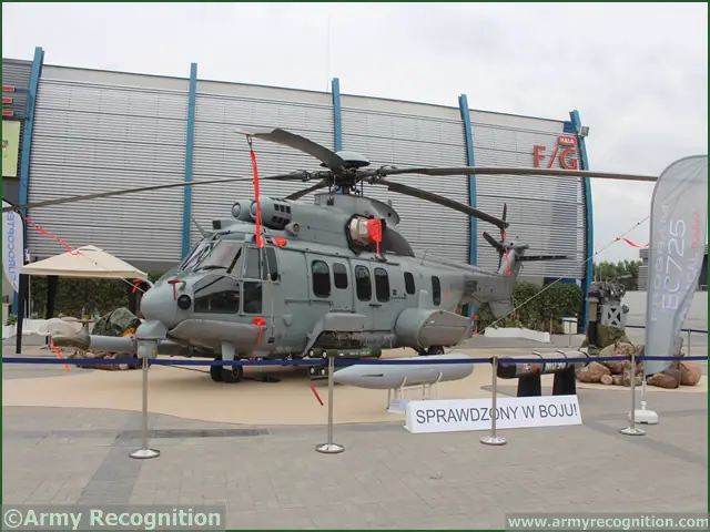 At MSPO 2013, International Defense Exhibition in Poland, Eurocopter showcases its EC725 Caracal. The helicopter displayed belongs to the French Army Eurocopter hopes to sell 70 helicopters to the Polish Army and is competing with Sikorski UH-60 Black Hawk and AgustaWesland AW149.