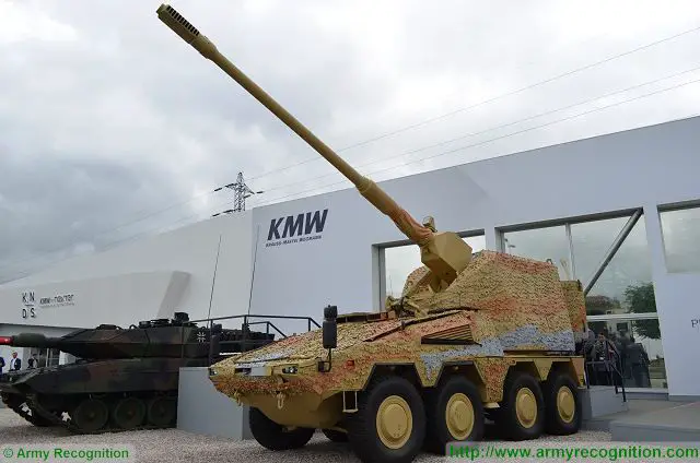The German Company Krauss-Maffei Wegmann on the booth of KNDS (Kraus-maffei wegmann Nexter Defense Systems) showcases its new Remote Controlled Howitzer 155 (Boxer RCH 155) during the defense exhibition Eurosatory 2016 in Paris, France.
