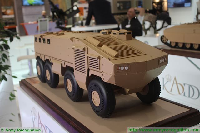 At DSEI 2015, the International Defense Exhibition in London (UK), King Abdullah II Design and Development Bureau (KADDB) from Jordan unveils a new project of 8x8 armoured vehicle personnel carrier (APC). A scale model of the vehicle was showed for the first time at KADDB booth during DSEI 2015. 