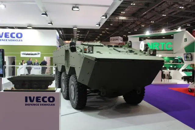 Fitted with an Iveco 9-litre, 281 kW (383 hp) bi-fuel common-rail engine, coupled to an automatic gearbox, the VBTP is a 18 tonne, 6x6 armoured amphibious vehicle which can carry 11 personnel.