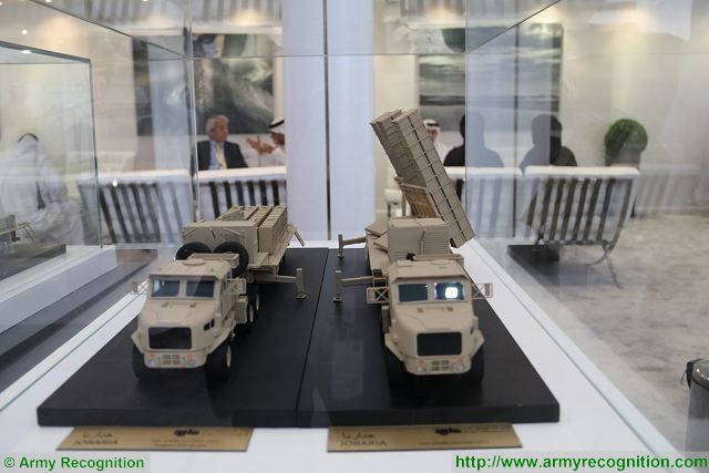 At IDEX 2017, the UAE-based Company Al Jaber Land Systems showcases its new 300mm MLRS (Multiple launch Rocket System), Jobaria TCL Twin Cradle Launcher fitted with two launcher units each able to fire four rockets. 