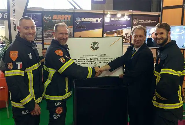 Army Recognition is proud to announce that it will sponsor a French firefighter team, the TFA team - Strasbourg, for the World Firefighter Combat Challenge which takes place in Montgomery, Alabama USA between 24 and 29 October. Friday, June 17, 2016, during the Defense Exhibition Eurosatory 2016 in Paris (France), Alain Servaes, CEO of Army Recognition gave a cheque of 5,000 Euro to firefighters of the TFA team from the city of Strasbourg. 