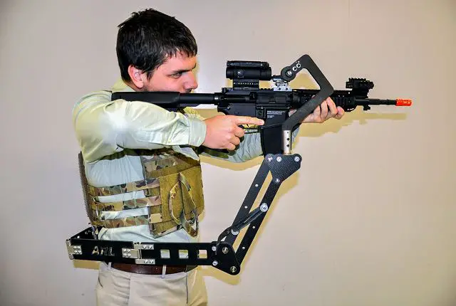 The U.S. Army Research Laboratory has developed the "Third Arm" device which can be attached to the protective vest of soldiers that will hold their weapon, lessening the weight on their arms and freeing up their hands for other tasks. 