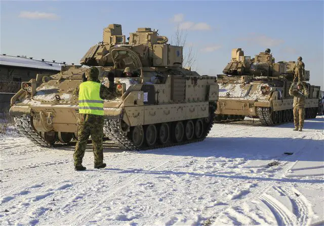 A fleet of U.S. M2A3 Bradley Fighting Vehicles and M1A2 Abrams tanks belonging to 1st Battalion, 68th Armor Regiment, 3rd Armored Brigade, 4th Infantry Division, arrived in Tapa, Estonia, Feb. 6, 2017. Soldiers assigned to Company C, 1-68 AR, gathered at the railhead to unload equipment as it arrived from Poland following initial reception and forward deployment.