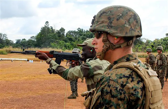 U.S. Marines trained Gabonese Armed Forces during a training exercise at Camp Mokekou, Gabon, Nov. 10 – Dec. 9, 2016. The U.S. Marines with Special Purpose Marine Air-Ground Task Force Crisis Response – Africa partnered with Gabonese Armed Forces soldiers as well as Gabonese Agency for National Parks during the exercise focused on patrolling techniques, mission planning and combat marksmanship.