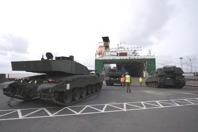 Friday, March 17, 2017, combat vehicles from 26th Regiment Royal Artillery, 35 Engineer Regiment and Challenger 2 MBT from the Queen's Royal Hussars, all based in Germany, are loaded at the port of Emden ahead of their NATO enhanced Forward Presence (eFP) deployment to Estonia. (Picture British MoD)