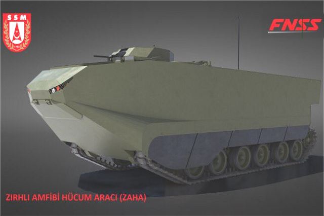 The Turkish Company FNSS has won a contract to produce 27 tracked amphibious armoured vehicles for the Turkish armed forces including personnel carrier, command post and rescue vehicles. To response to this new request, FNSS will developed the ZAHA (Zirhli Amfibi Hücum Araci) a new combat amphibious tracked armoured vehicle. 