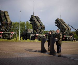 Ukrainian President Volodymyr Zelenskyy and German Federal Defence Minister Boris Pistorius stand in front of Patriot air-defense launchers during a visit to the 21 Surface-to-Air Missile Group in Sanitz, Germany. Germany has been a major supplier of Patriot systems and interceptors to Ukraine.