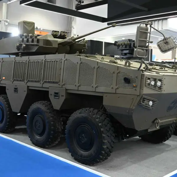 An 8x8 wheeled armored vehicle in infantry fighting vehicle configuration displayed by International Armored Group at the World Defense Show 2026 in Riyadh, highlighting the company’s move into medium-weight combat platforms with turret integration, modular armor, and battlefield-ready IFV capabilities.