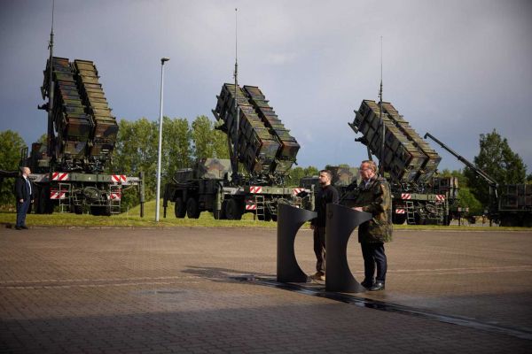 Ukrainian President Volodymyr Zelenskyy and German Federal Defence Minister Boris Pistorius stand in front of Patriot air-defense launchers during a visit to the 21 Surface-to-Air Missile Group in Sanitz, Germany. Germany has been a major supplier of Patriot systems and interceptors to Ukraine.