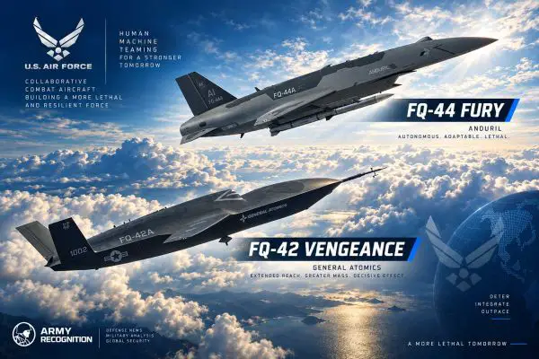 U.S. Air Force FQ-44 Fury and FQ-42 Vengeance Collaborative Combat Aircraft illustrate the service’s push toward semi-autonomous unmanned combat aviation designed to operate alongside F-35 and future F-47 fighters, extending sensor reach, weapons capacity and survivability in contested airspace.