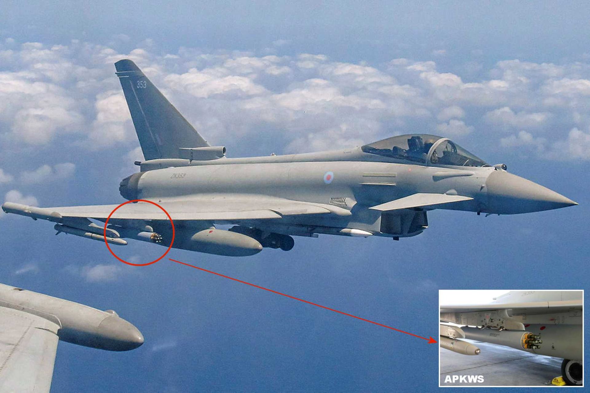 British Royal Air Force (RAF) Typhoon fighter jet armed with APKWS low-cost precision-guided rocket pods during Middle East operations, highlighting the UK’s new rapid-response counter-drone capability. Inset shows a close-up view of the APKWS launcher system designed to defeat drones at a fraction of the cost of traditional air-to-air missiles.
