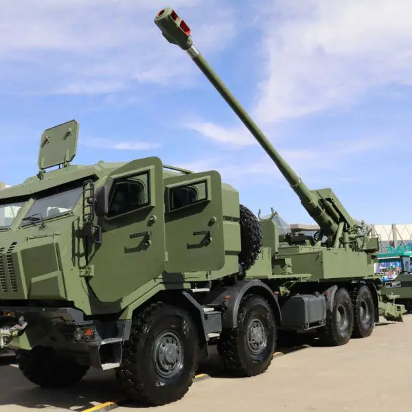 The latest Ukrainian-made 2S22 Bohdana 155 mm self-propelled howitzer displayed at the World Defense Show 2026 in Saudi Arabia, featuring a Tatra 8x8 chassis and a locally produced armored crew cab, representing the most advanced combat-refined configuration of Ukraine’s flagship artillery system.