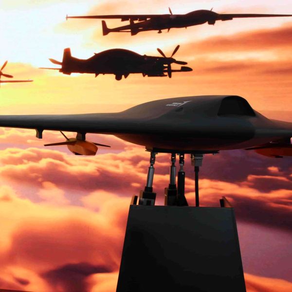 TAI ANKA III stealth UCAV on display at World Defense Show, a flying-wing strike and ISR drone designed for manned-unmanned teaming, featuring internal weapons carriage for low-observable precision attacks, high-altitude endurance, and networked targeting in contested airspace (Picture source: Army Recognition Group).