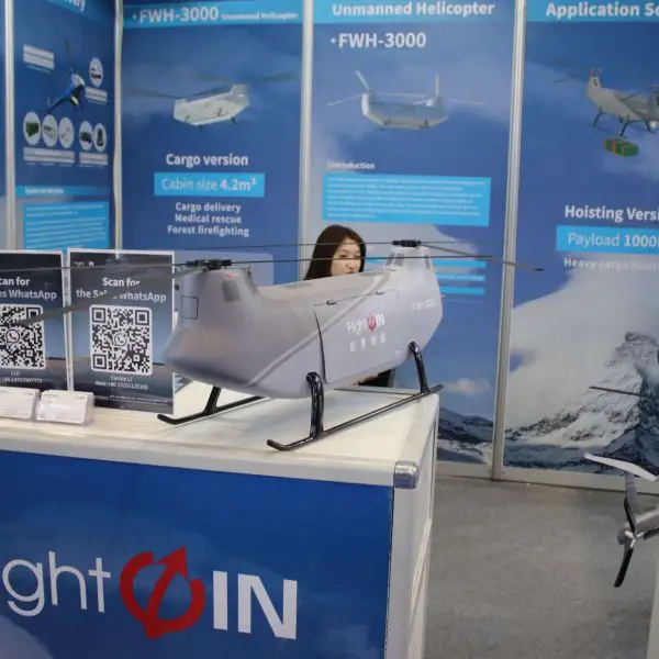 Flightwin FWH-3000 heavy-lift unmanned helicopter at WDS 2026, designed for autonomous logistics with a 1,000 kg payload, 4.2 m³ cargo cabin or external sling/hoist delivery, 5-hour endurance, up to 180 km/h speed, and high-altitude operations to 5,000 m for resupply and evacuation missions in rugged terrain (Picture source: Army Recognition Group).