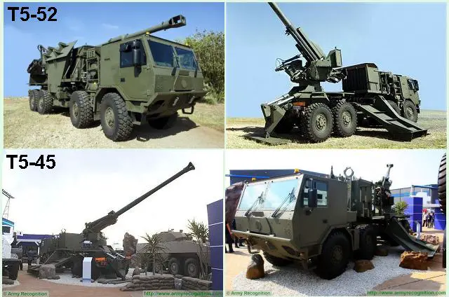 T5-52 T5-45 155mm wheeled self-propelled howitzer technical data sheet specifications pictures video description information intelligence photos images identification Denel Land Systems South Africa African army defence industry military technology