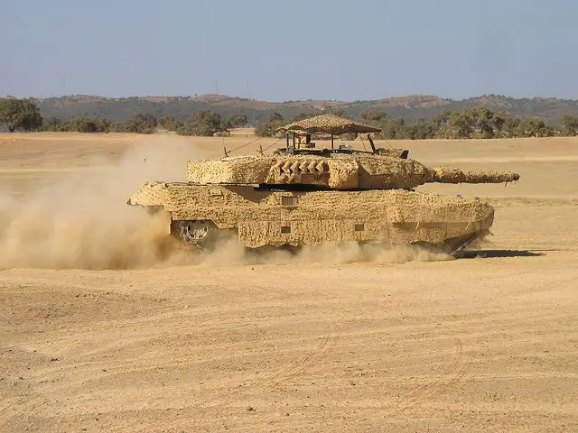 Leopard 2 Tank equipped with Saab's Multispectral Mobile Camouflage System (MCS) and HeaT Reduction properties (HTR) incorporated