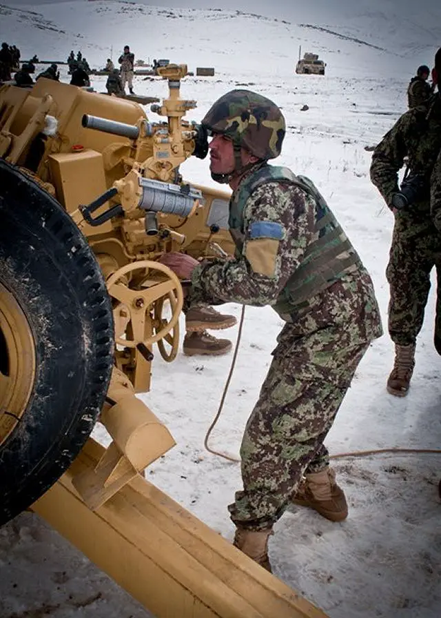An Afghan National Army soldier, from the 4th Kandak, 2nd Brigade, 203rd Corps, adjusts the sights of a D30 howitzer during a live-fire certification, March 13, 2012