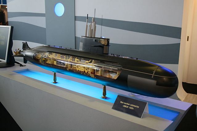 Amur-1650: With its new sonar system and low signature caused by lower noise level and smaller displacement, the Amur-1650 submarine provides earlier target detection and tracking in duel situations than submarines of the preceding generation do. Its powerful and well-balanced weapon system includes advanced torpedoes and various types of cruise missiles that can be launched in salvoes.