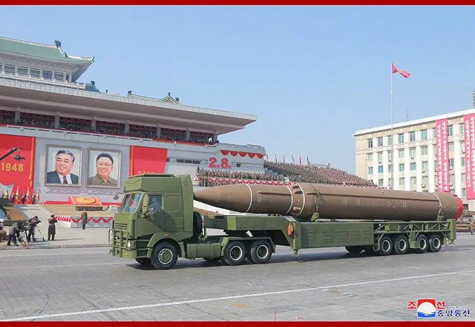 Hwasong 14 ICBM on 6x6 truck transporter and trailer North Korea army military parade February 2018 925 001