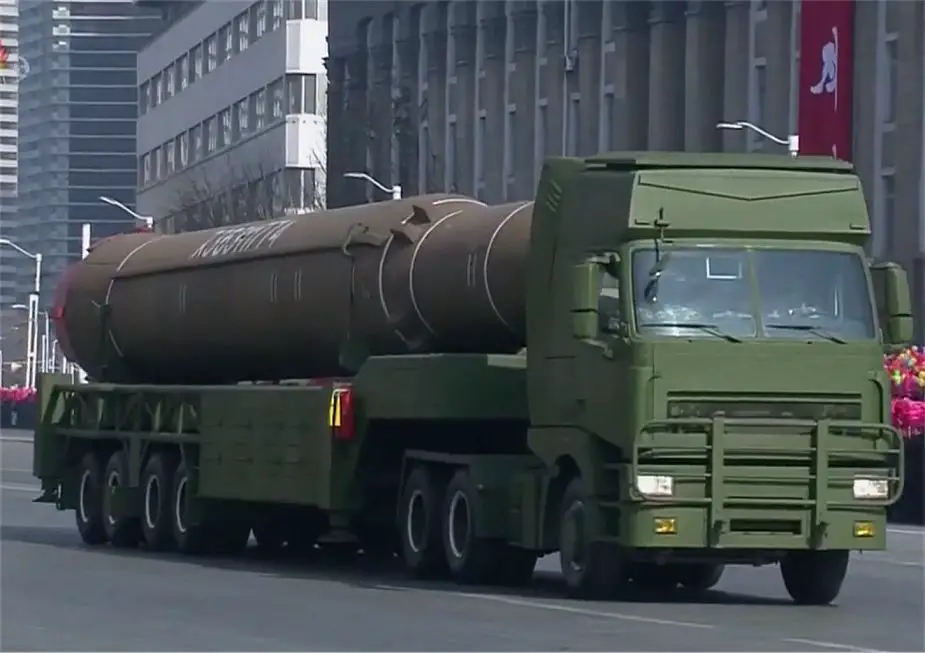 Hwasong 14 ICBM on 6x6 truck transporter and trailer North Korea army military parade February 2018 925 002