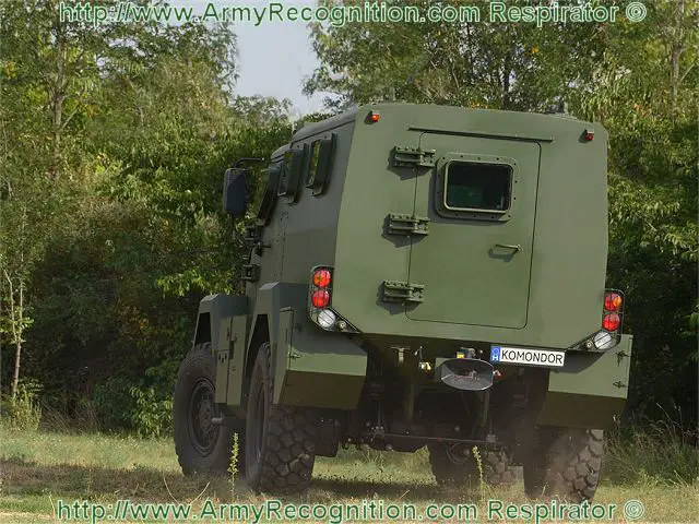 The monocoque body of KOMONDOR provides both ballistic and mine protection. Ballistic protection is to NATO STANAG 4569 Ed.1, the base steel armour and ballistic glass windows can be supplemented by appliquè metallic and/or composite armour packages which are stated to provide protection from small arms to medium calibre weapon fire (exact level undisclosed).