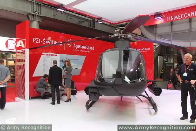 AgustaWestland SW-4 Solo RUAS/OPH (Rotorcraft Unmanned Air System/Optionally Piloted Helicopter) at MSPO 2013, the International Defense Industry Exhibition in Kielce, Poland.