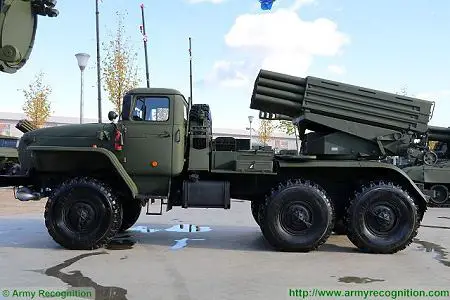 BM 21 multiple rocket launcher system Ural Truck 375D 6x6 Russia Russian army left side view 450 001