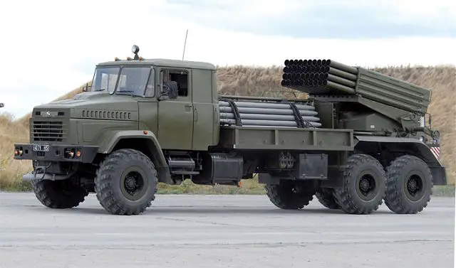 Ukrainian-made Bastion-2 122mm MLRS Multiple Launch Rocket System based on KrAZ-6322RA 6x6 9.32m chassis truck.
