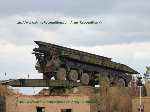 At Eurosatory 2012, The Direction générale de l’armement (DGA, French defence procurement agency) announced, it has just delivered in May 2012 the fifth system of bridge-launcher (SPRAT) to the 13th Engineer Regiment (Le Valdahon – eastern part of France). The SPRAT allows launching in a few minutes a bridge permitting, any military wheeled or tracked vehicle, including the tank LECLERC, to cross gaps (ditches, rivers, etc.) up to 25 meters.