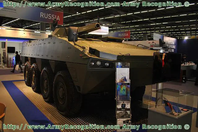 At the International Defence & Security Exhibition Eurosatory 2012, the Finnish Company Patria showcases in world premiere the Nemo Plus –concept. This groundbreaking concept is based on Patria Nemo 120 mm mortar system with Kongsberg PROTECTOR Super Lite RWS (Remote Weapon System) integrated on wheeled armoured vehicle Patria AMV.