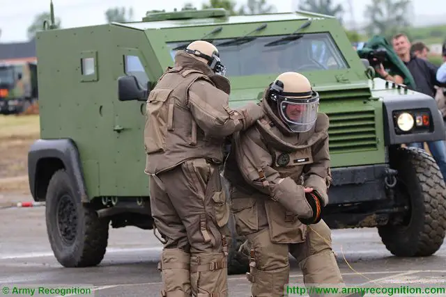 The French Company Protecop demonstrates its demining suite during the live demonstration at Eurosatory 2016, the international land and airland defence and security exhibition in Paris, France. A demining suit is manufactured to provide protection of individual soldier during mine clearance or IED's operations. 