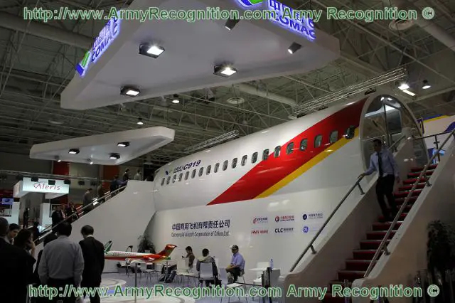 On the morning of June 20, 2011, as the 2011 Paris Air Show unfolds, the 1:1 demo mock-up of C919 passenger aircraft, first time to go abroad, is showcased before an overseas audience. The full-scale C919 demo mock-up showcases the cockpit and forward of the cabin, 17 meters in total length, and 5.6 meters in height and 3.96 meters in width.