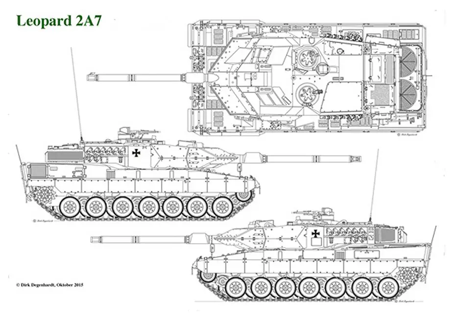 Leopard 2A7 MBT Main Battle Tank Germany German army KMW line drawing blueprint 001