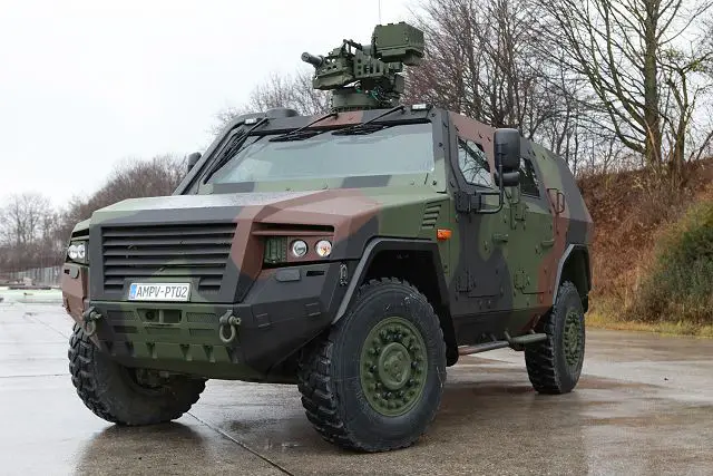 The AMPV,a prototype version of which is currently undergoing qualification by the German armed forces, is slightly over five metres long, two metres wide and two metres high. Empty, it weighs 7.3 tons and can carry a two-ton payload. The highly protected vehicle cell consists of a self-supporting steel hull with composite armour. Spall liners, reinforced flooring and cellular design offer excellent protection against mines and IEDs; while add-on armour modules supply extra ballistic protection.