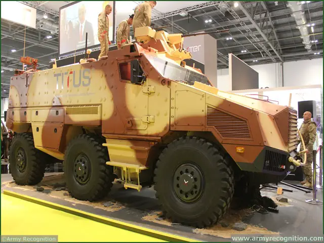 United Kingdom, London. At DSEI 2013, French manufacturer Nexter unveils its new armoured vehicle TITUS (Tactical Infantry Transport & Utility System) for the French Army tender VBMR (Véhicule Blindé Multi-Rôles).