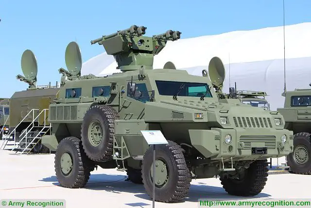The Arlan air defense variant is fitted with a turret mounted on the roof of the vehicle which is armed with four Igla launcher tubes. The SA-18 Grouse or Igla or 9K38 is a Russian made man-portable infrared homing surface-to-air missile defence system (SAM/MANPAD). The SA-18 missile has a maximum range of 5,000 m and a maximum altitude of 3,500 m. 