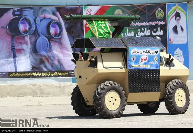 Last week, the Iranian Defense Industry has unveild a new wheeled unmanned ground vehicle (UGV), called Nazeer or Nazir which can be armed with missile or light machine gun. Iran's modern defense industrial base was developed during the period of the Shah by an import substitution strategy, in which Iran would learn to produce, assemble, repair and maintain military equipment.