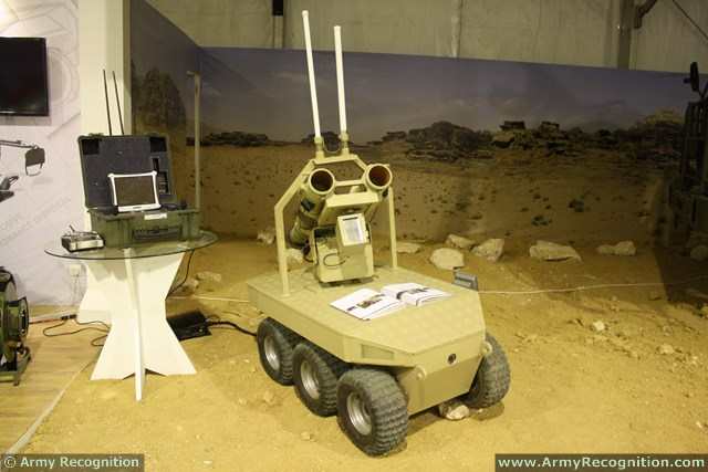 The King Abdullah Design and Development Bureau showcases at SOFEX 2014 its new Multi-Function Robot. It is a wireless controlled robotic vehicle designed to carry out long-range missions, using its passive distance-measuring camera.