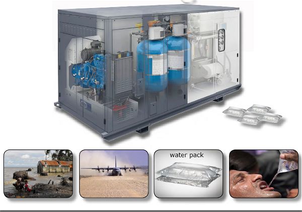 The Belgian Company Conteno presents at IDEX 2011, The new Mobile Water Purification & Packaging Skid ''AQUASKID'' for military troops on the battle field and peace keeping team.