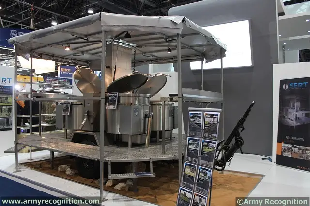 French Company SERT presents at IDEX 2013 its latest range of modular, trailer mounted and containerized products. Emirates Defense Technology Company exhibits on its booth N° 11-B28 the new SERT kitchen CRP 1000. SERT also present a concept of a CRP 1000 fitted at the back of a NIMR 6x6 tactical vehicle. 