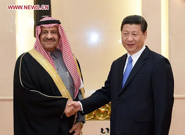 Chinese President Xi Jinping on Tuesday, April 2, 2013, met with Khalid Sultan, deputy defense minister of Saudi Arabia. Xi, also chairman of the Central Military Commission, reviewed the smooth growth of China's ties with Saudi Arabia since the two countries forged diplomatic relations in 1990, citing frequent high-level visits, fruitful cooperation in trade, the economy and energy, and close coordination in international affairs