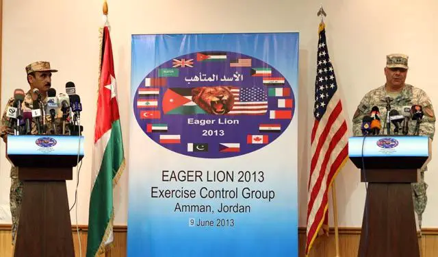 The “Eager Lion 2013” military training drill kicked off on Sunday with participants from military forces from 19 countries, Jordanian and US generals said. Speaking at a joint press conference in Amman on Sunday, Jordan Armed Forces (JAF) Chief-of-Staff for Operations Maj. Gen. Awni Edwan and Director of Exercises and Training and the US Central Command Maj. Gen. Robert Catalanotti said that 8,000 army personnel will be taking part in the exercise. (Source Jordan Times)