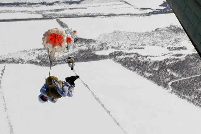 A group of Russian paratroopers of the Airborne Forces landed on Tuesday, April 8, 2014, for the first time on a drifting floe near the North Pole, a military spokesman said. "More than 50 servicemen were airdropped from an Ilyushin Il-76 military transport aircraft not far from Russia's drifting ice base Barneo (at 89 degrees North) with the use of the Arbalet-2 special-purpose parachute system," the airborne troops spokesman Yevgeny Meshkov told reporters.