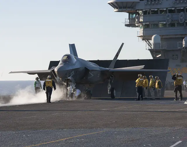 PACIFIC OCEAN (Nov. 4, 2014) An F-35C Lightning II carrier variant joint strike fighters conducts the first catapult launches aboard the aircraft carrier USS Nimitz (CVN 68). The F-35 Lightning II Pax River Integrated Test Force from Air Test and Evaluation Squadron (VX) 23 is conducting initial at-sea trials aboard Nimitz. (U.S. Navy photo courtesy of Lockheed Martin/Released)