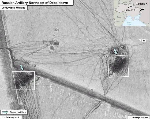 The United States government released Saturday, February 14, 2015, satellite images that, it said, show the presence in eastern Ukraine of artillery and air defense systems sent by Russia to the separatist rebels. 