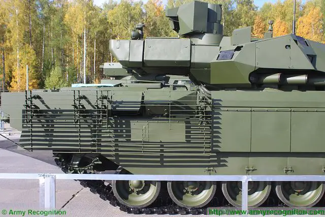 T-14 is also equipped with bar-slat armor located at the rear part of the hull. It was also developed by NII Stali, the source told. "It provides the protection from 50-60% of RPG grenades", he said.