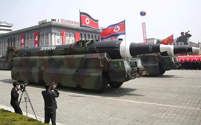A new version of ICBM (InterContinental Ballistic Missile) mounted on wheeled chassis which seems similar to the KN-08 but with a longer missile. It uses the same 6 axles wheel chassis as the Musudan but each side of the vehicle are protected with armour plates.
